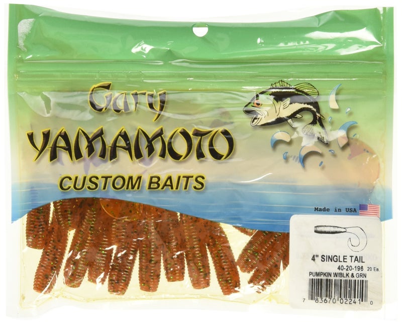 Yamamoto Single Tail Grub 4", Pumpkin w/Large Black, Small Green - Image 1